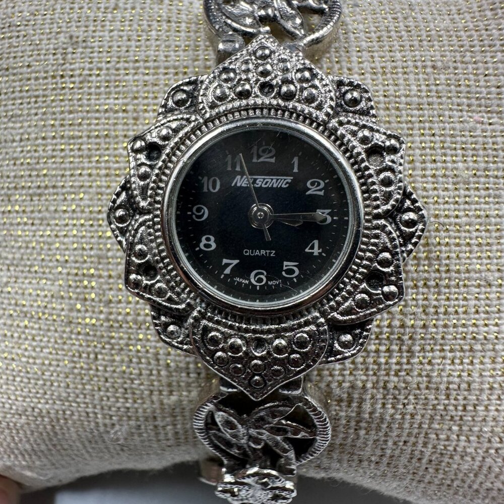 Vintage Nelsonic Watch Silver Tone Marcasite Accents Floral Band New Battery 7"